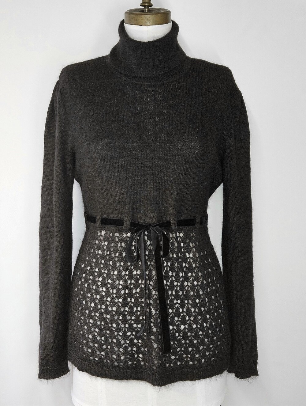 Moda International Size XL Sweater Black Turtleneck Mohair Crochet Ribbon Tie